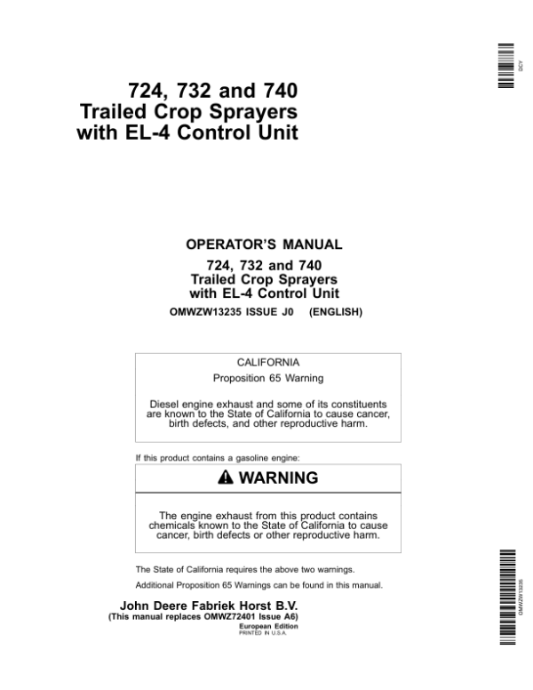 John Deere 724, 732 & 740 Trailed Crop Sprayers with EL-4 Control Unit Operator’s Manual (OMWZW13235) Workshop Guide
