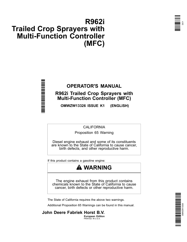John Deere R962i Trailed Crop Sprayers w/Multi-Function Controller (MFC) Operator’s Manual (OMWZW13326) Workshop Guide