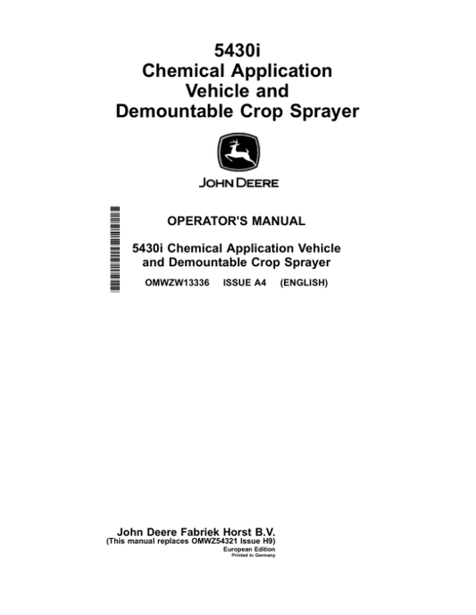 John Deere 5430i Chemical Application Vehicle With Demountable Crop Sprayer Operator’s Manual (OMWZW13336) Workshop Guide