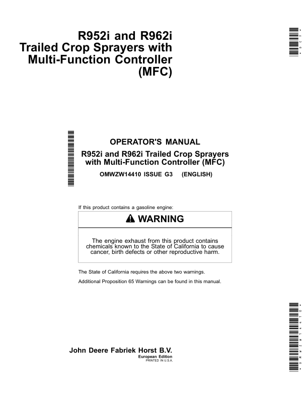 John Deere R952i & R962i Trailed Crop Sprayers w/Multi-Function Controller (MFC) Operator’s Manual (OMWZW14410) Workshop Guide