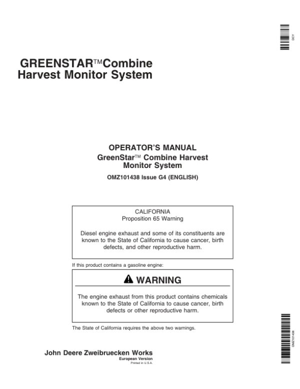 John Deere GreenStar Combine Harvest Monitor Systems Operator’s Manual (OMZ101438) Workshop Guide
