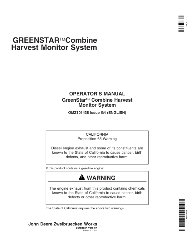 John Deere GreenStar Combine Harvest Monitor Systems Operator’s Manual (OMZ101438) Workshop Guide