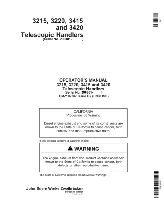 John Deere 3215, 3220, 3415 & 3420 Telescopic Handlers Operator’s Manual (OMZ102387) Workshop Guide