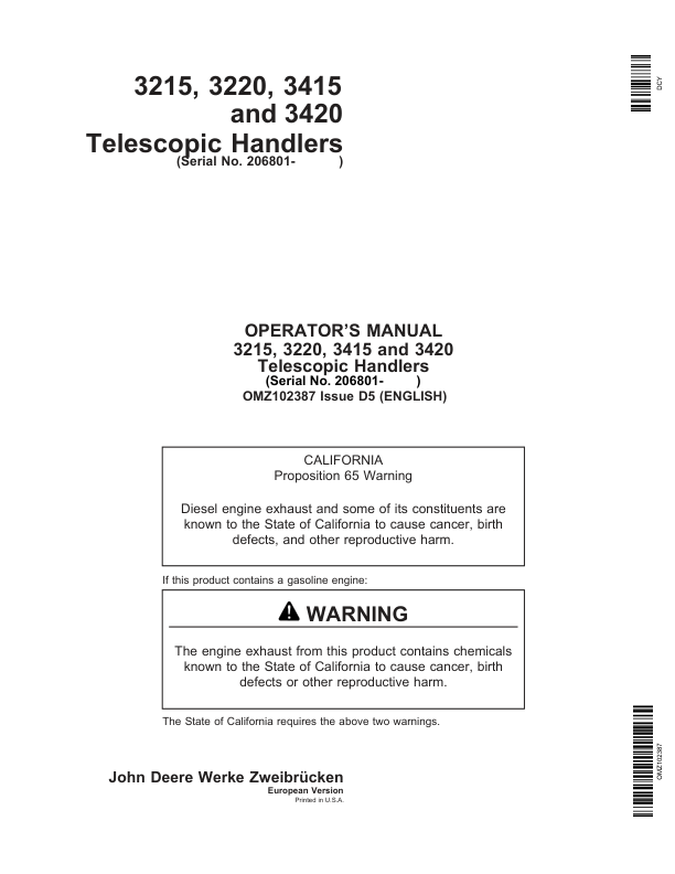 John Deere 3215, 3220, 3415 & 3420 Telescopic Handlers Operator’s Manual (OMZ102387) Workshop Guide