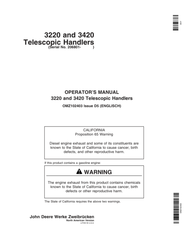 John Deere 3220 & 3420 Telescopic Handlers Operator’s Manual (OMZ102403) Workshop Guide