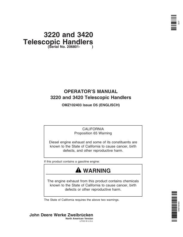 John Deere 3220 & 3420 Telescopic Handlers Operator’s Manual (OMZ102403) Workshop Guide