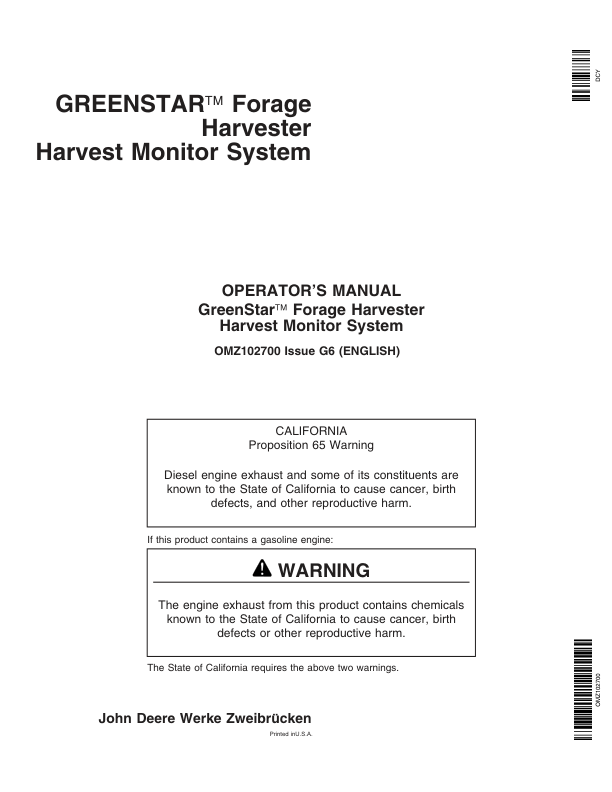 John Deere GreenStar Forage Harvester Harvest Monitor Systems Operator’s Manual (OMZ102700) Workshop Guide