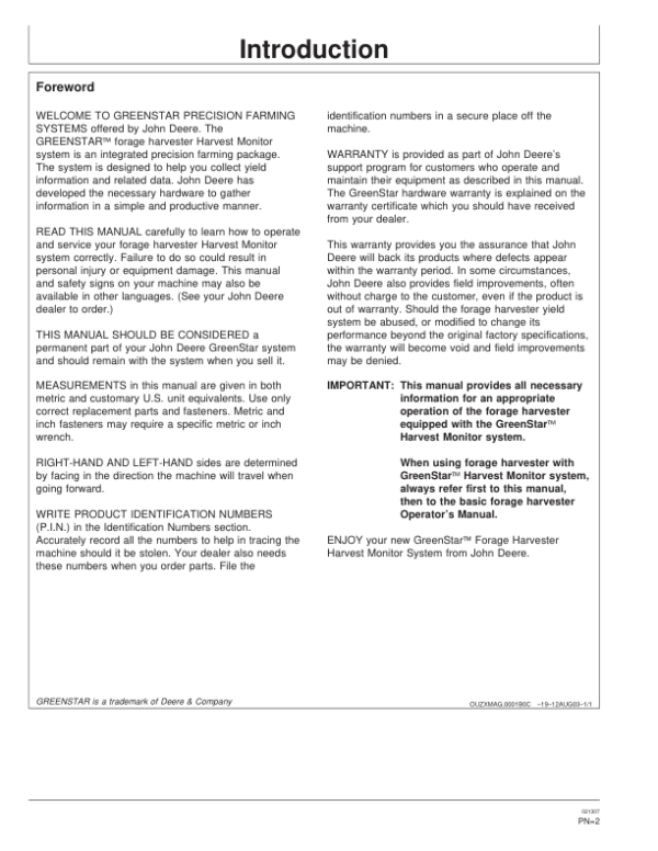 John Deere GreenStar Forage Harvester Harvest Monitor Systems Operator’s Manual (OMZ102700) Workshop Guide