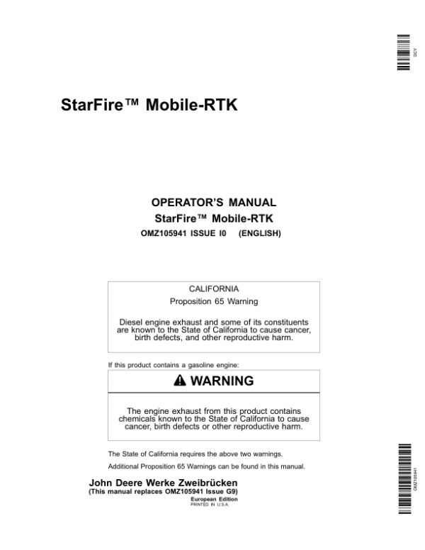 John Deere StarFire Mobile RTK Operator’s Manual (OMZ105941) Workshop Guide