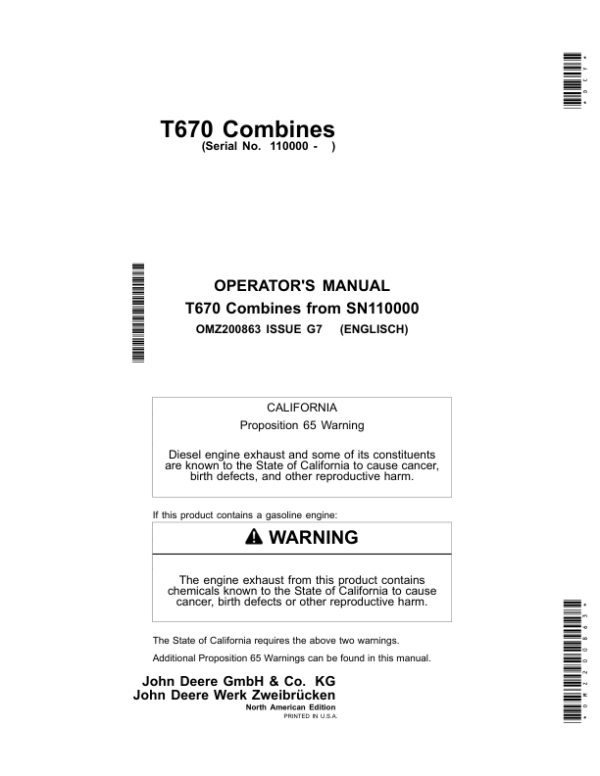 John Deere T670 Combines Operator’s Manual (OMZ200863) Workshop Guide