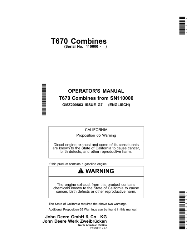 John Deere T670 Combines Operator’s Manual (OMZ200863) Workshop Guide