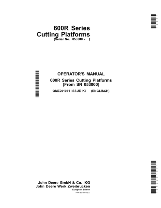 John Deere 616R, 618R, 620R, 622R, 625R, 630R & 635R Cutting Platforms Operator’s Manual (OMZ201071) Workshop Guide