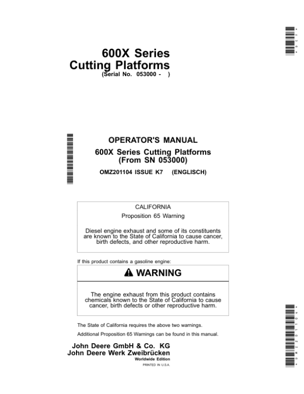 John Deere 622X. 625X, 630X, 635X & 640X Cutting Platforms Operator’s Manual (OMZ201104) Workshop Guide