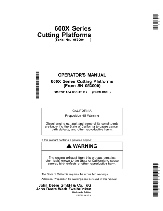 John Deere 622X. 625X, 630X, 635X & 640X Cutting Platforms Operator’s Manual (OMZ201104) Workshop Guide