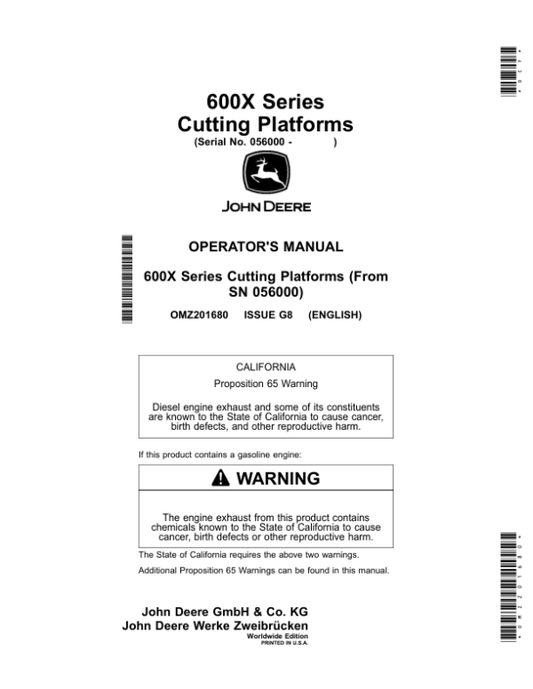 John Deere 622X, 625X, 630X, 635X & 640X Cutting Platforms Operator’s Manual (OMZ201680) Workshop Guide