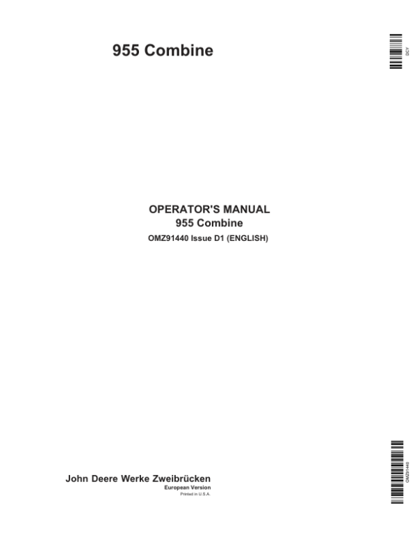 John Deere 955 Combines Operator’s Manual (OMZ91440) Workshop Guide