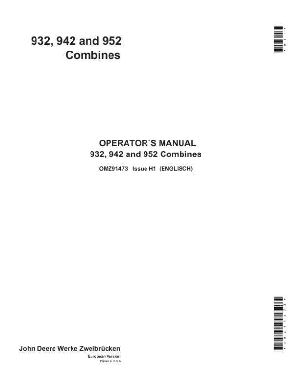 John Deere 932, 942 & 952 Combines Operator’s Manual (OMZ91473) Workshop Guide