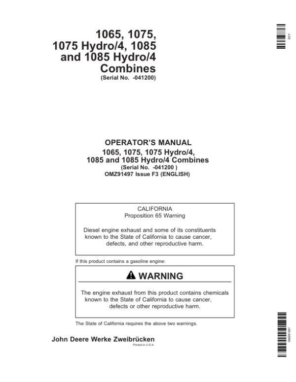 John Deere 1065, 1075, 1075 Hydro / 4, 1085, 1085 Hydro / 4 Combines Operator’s Manual (OMZ91497) Workshop Guide