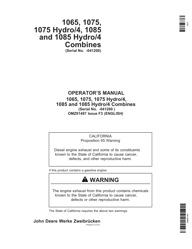 John Deere 1065, 1075, 1075 Hydro / 4, 1085, 1085 Hydro / 4 Combines Operator’s Manual (OMZ91497) Workshop Guide