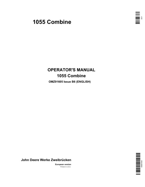 John Deere 1055 Combines Operator’s Manual (OMZ91605) Workshop Guide