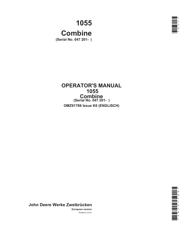 John Deere 1055 Combines Operator’s Manual (OMZ91786) Workshop Guide