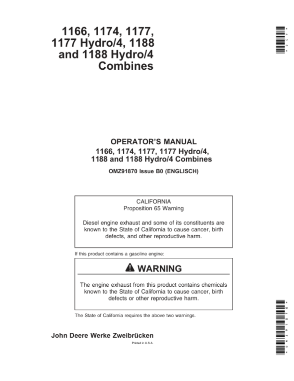 John Deere 1166, 1174, 1177, 1177 Hydro/4, 1188 & 1188 Hydro/4 Combines Operator’s Manual (OMZ91870) Workshop Guide
