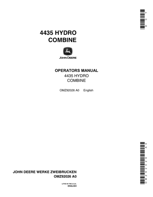 John Deere 4435 Hydro Combines Operator’s Manual (OMZ92026) Workshop Guide