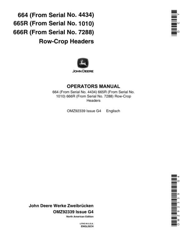 John Deere 664, 665R, 666R Row Crop Headers Operator’s Manual (OMZ92339) Workshop Guide