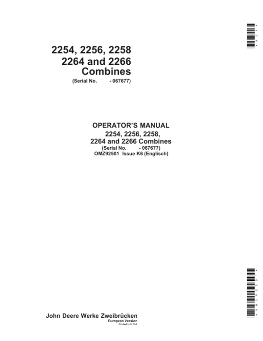 John Deere 2254, 2256, 2258, 2264 & 2266 Combines Operator’s Manual (OMZ92501) Workshop Guide
