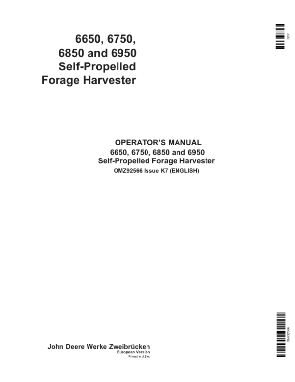 John Deere 6650, 6750, 6850 & 6950 Self Propelled Forage Harvesters Operator’s Manual (OMZ92566) Workshop Guide