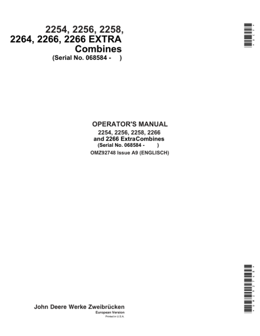 John Deere 2254, 2256, 2258, 2264 & 2266 Combines Operator’s Manual (OMZ92748) Workshop Guide
