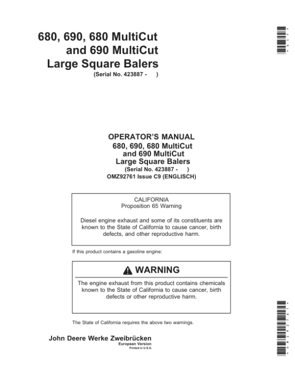 John Deere 680, 690, 680 & 690 MultiCut MultiCut Large Square Balers Operator’s Manual (OMZ92761) Workshop Guide