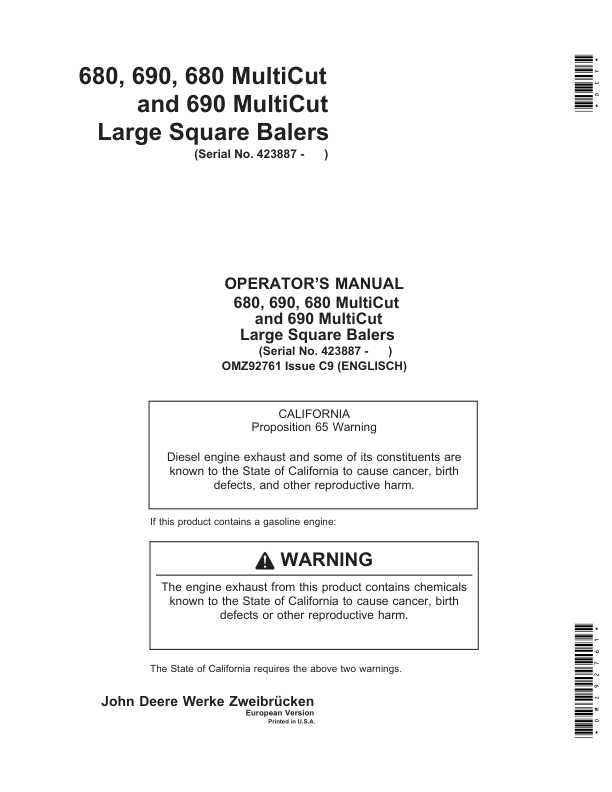 John Deere 680, 690, 680 & 690 MultiCut MultiCut Large Square Balers Operator’s Manual (OMZ92761) Workshop Guide
