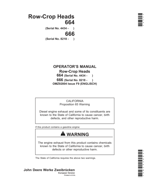 John Deere 664 & 666 Row Crop Headers Operator’s Manual (OMZ92804) Workshop Guide