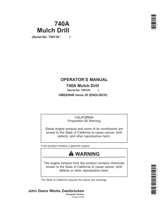 John Deere 740A Mulch Drills Operator’s Manual (OMZ92848) Workshop Guide