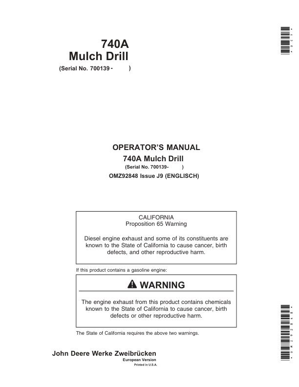 John Deere 740A Mulch Drills Operator’s Manual (OMZ92848) Workshop Guide