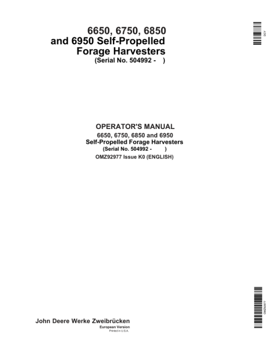 John Deere 6650, 6750, 6850 & 6950 Self Propelled Forage Harvesters Operator’s Manual (OMZ92977) Workshop Guide