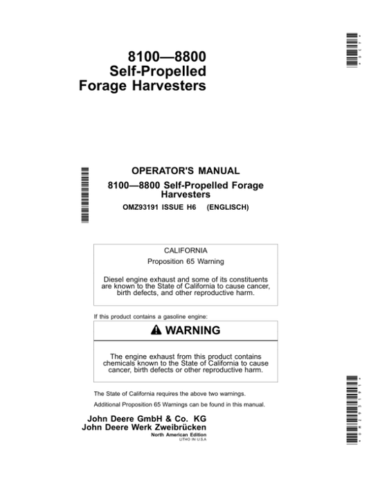 John Deere 8100, 8200, 8300, 8400, 8500, 8600, 8700 & 8800Self-Propelled Forage Harvesters North America Edition (MY2016) Operator’s Manual (OMZ93191) Workshop Guide