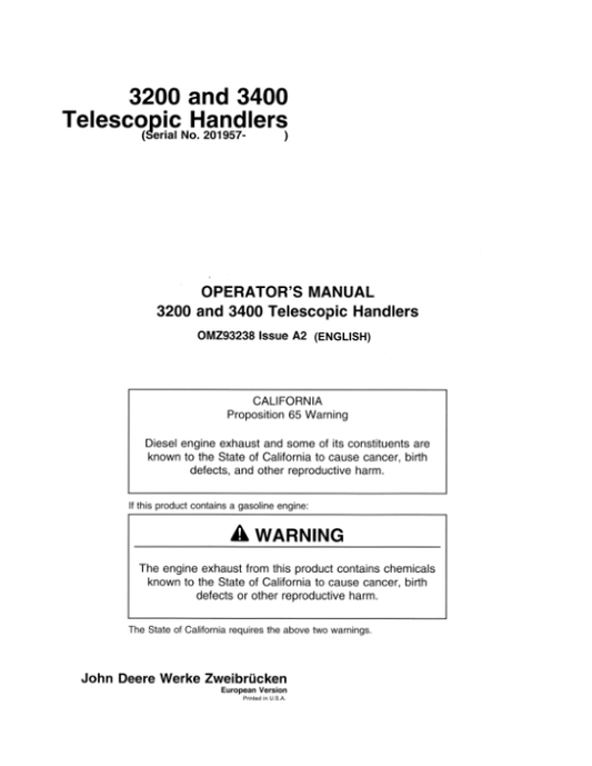 John Deere 3200 & 3400 Telescopic Handlers Operator’s Manual (OMZ93238) Workshop Guide