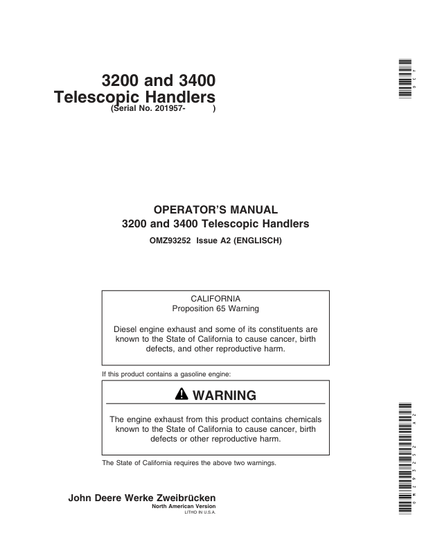 John Deere 3200 & 3400 Telescopic Handlers Operator’s Manual (OMZ93252) Workshop Guide