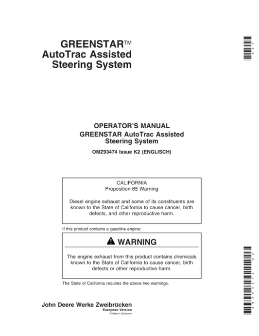 John Deere Greenstar AutoTrac Assisted Steering System European Edition Operator’s Manual (OMZ93474) Workshop Guide