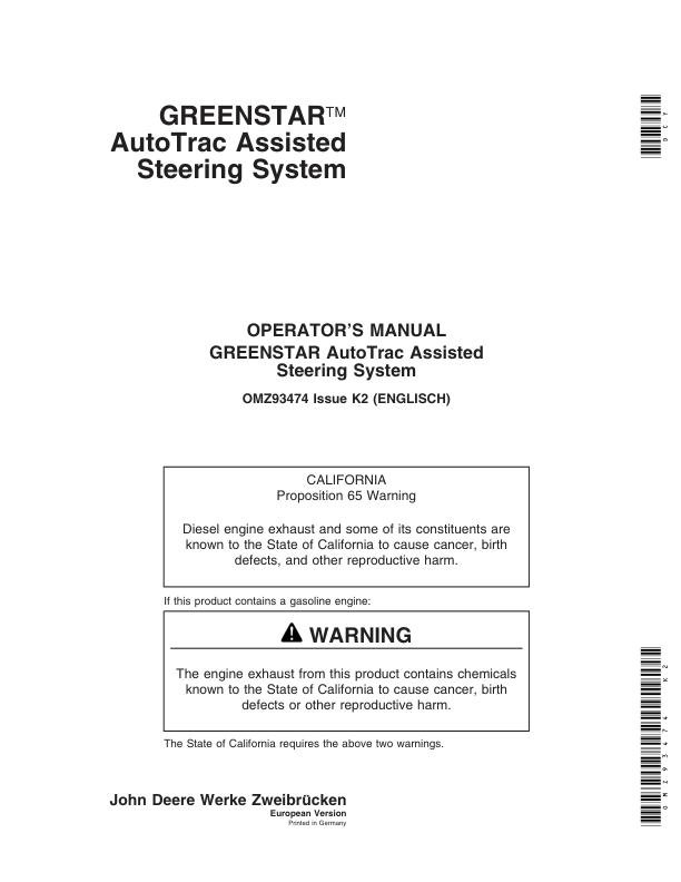 John Deere Greenstar AutoTrac Assisted Steering System European Edition Operator’s Manual (OMZ93474) Workshop Guide