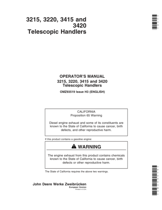 John Deere 3215, 3220, 3415 & 3420 Telescopic Handlers Operator’s Manual (OMZ93519) Workshop Guide