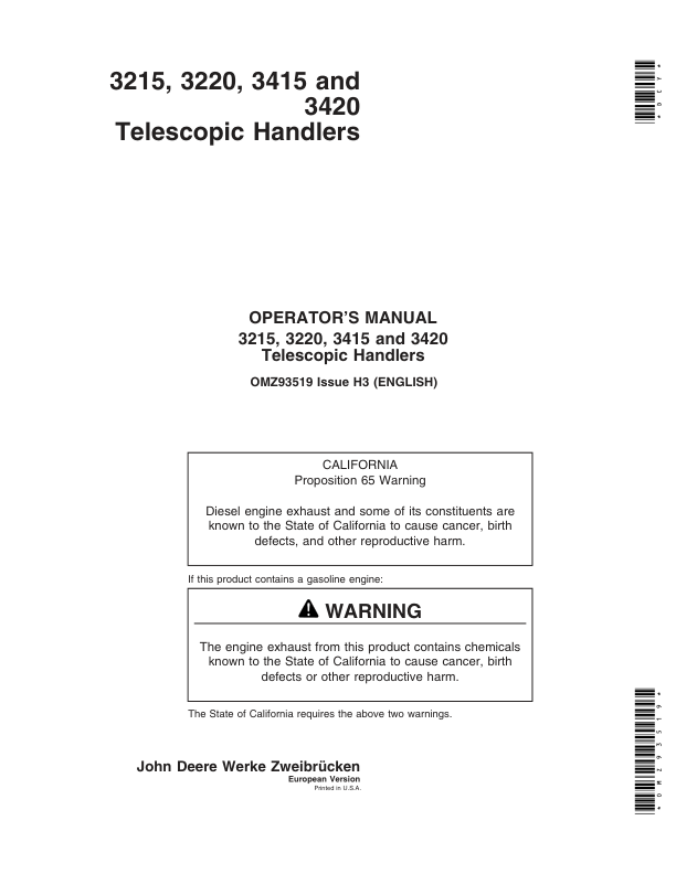 John Deere 3215, 3220, 3415 & 3420 Telescopic Handlers Operator’s Manual (OMZ93519) Workshop Guide