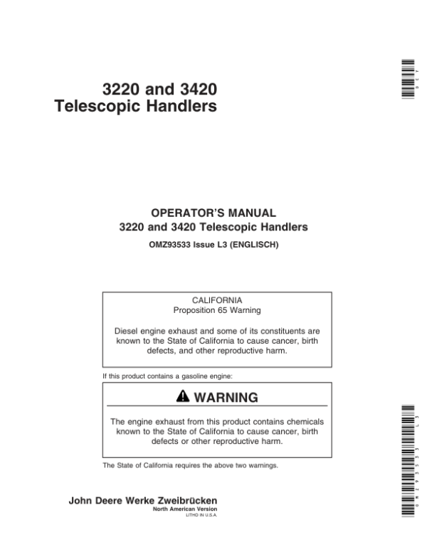 John Deere 3220 & 3420 Telescopic Handlers Operator’s Manual (OMZ93533) Workshop Guide
