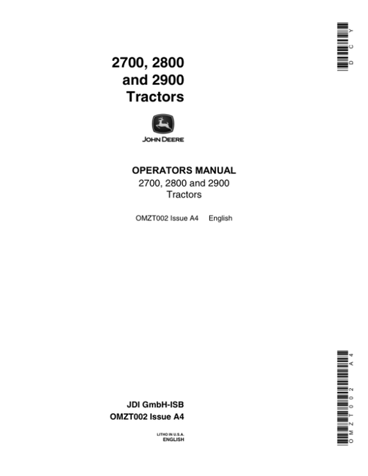 John Deere 2700, 2800 & 2900 Tractors Operator’s Manual (OMZT002) Workshop Guide