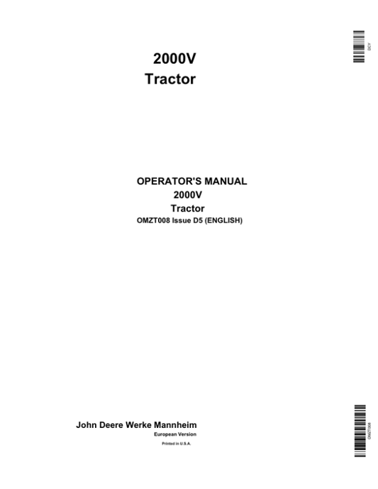 John Deere 2000V Tractor Operator’s Manual (OMZT008) Workshop Guide