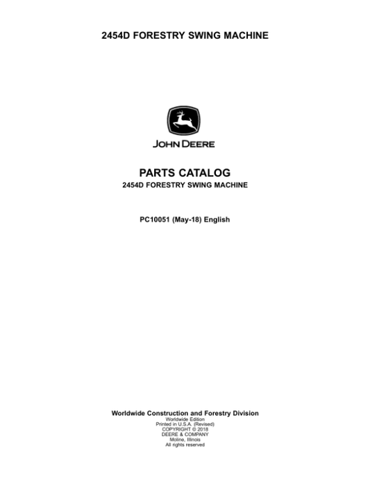 John Deere 2454D Swing Machines (SN D240001-D240324) Parts Catalog Manual – PC10051 Workshop Guide