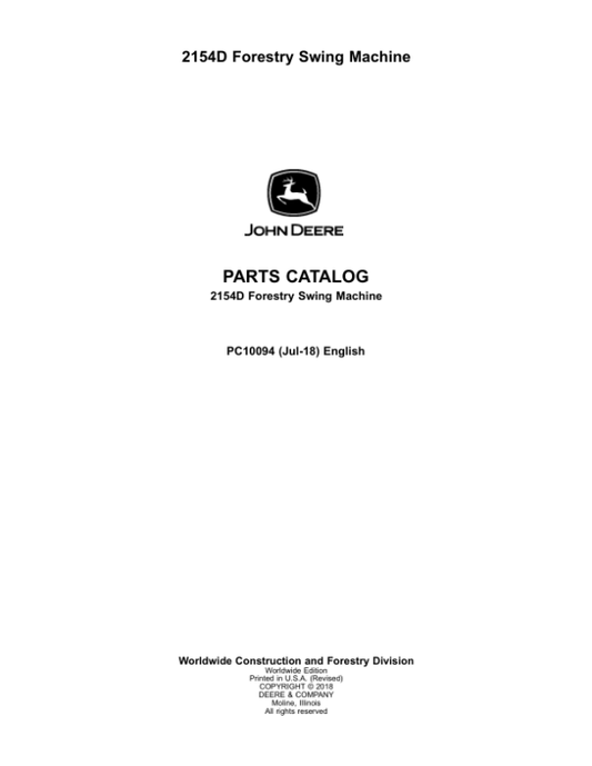 John Deere 2154D Swing Machines (SN D210001-D211156) Parts Catalog Manual – PC10094 Workshop Guide