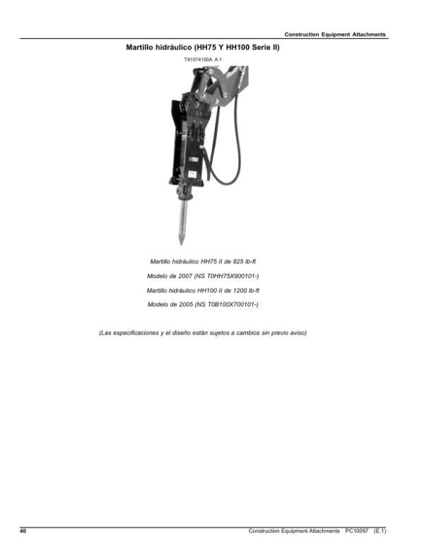 John Deere HH75, HH100, SP10B, SP12B, PA40 (Breaker & Snow Push & Auger) Parts Catalog Manual – PC10097 Workshop Guide